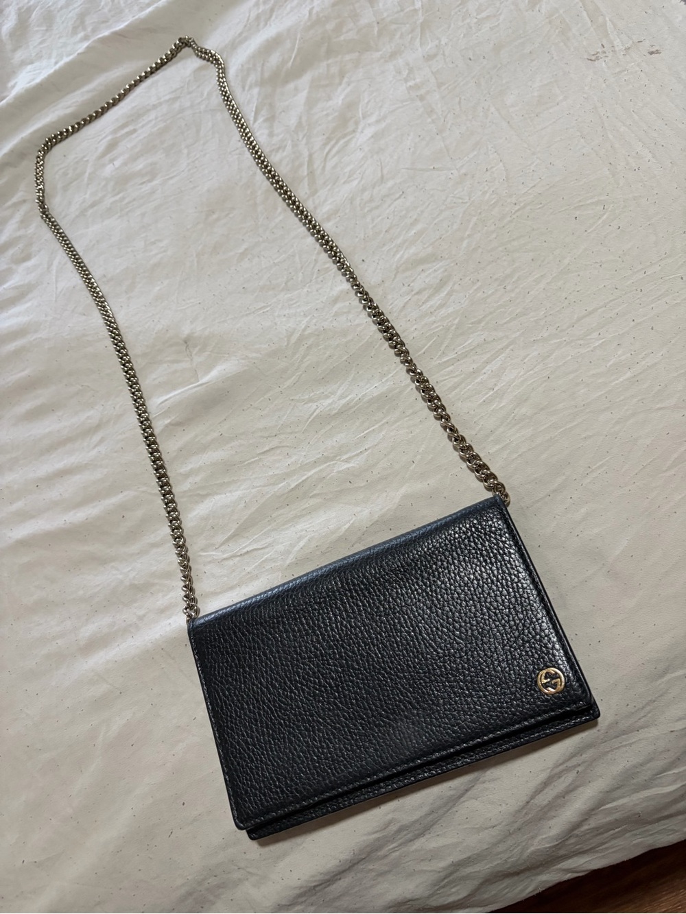 Gucci Black Pebbled Leather Chain Shoulder Bag with Gold Logo